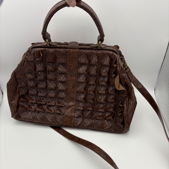 Jessica Simpson Chocolate Faux Reptile Leather Ruffled Crossbody Clutch Design - Picture 1 of 14